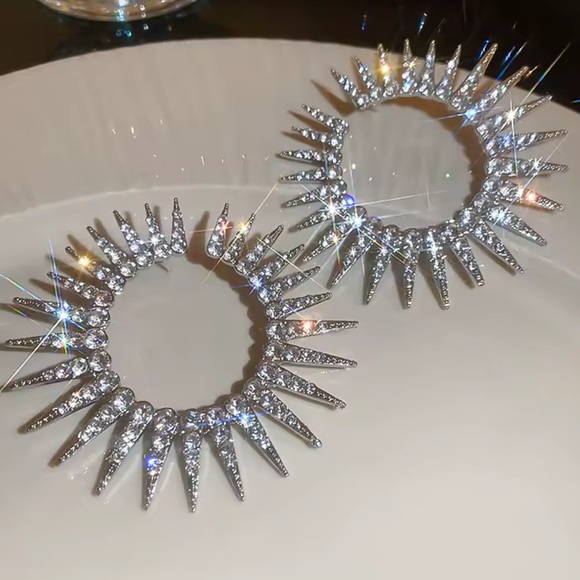 Lux! Silver Spike Rhinestone Hoop Earring – 40mm Statement Sparkle Circle - Picture 6 of 14